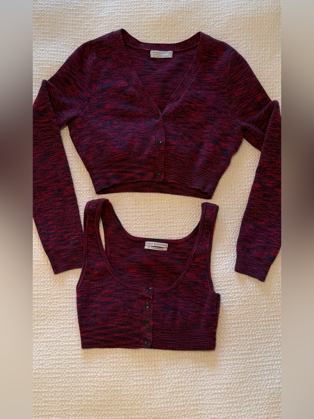 Urban Outfitters | Burgundy Navy Marled Cropped Cardigan Sweater Set | Size S